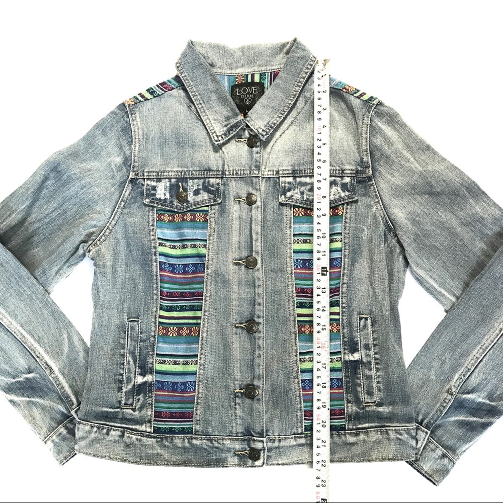 Love Culture Light Blue Denim Jacket with Colorful Stripes - Picture 2 of 8